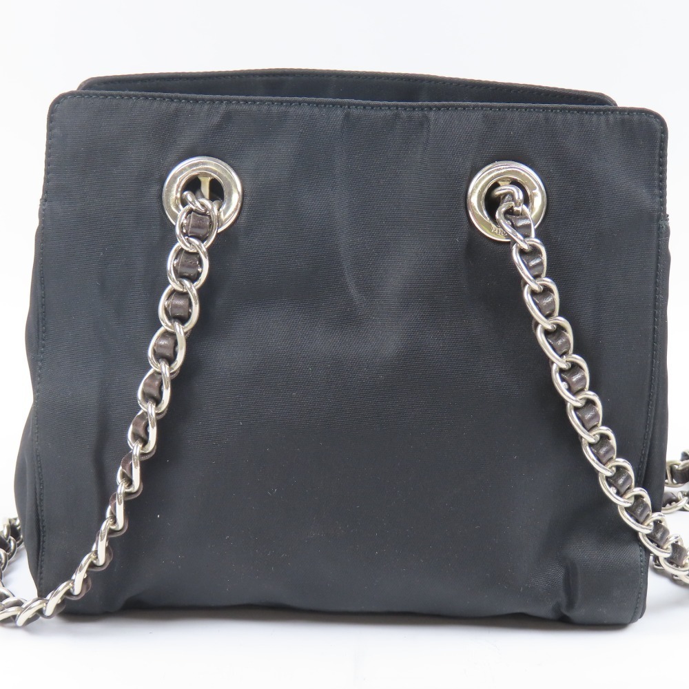 Prada Chain Shoulder Bag Triangle Logo Nylon Leather Black - Picture 2 of 15